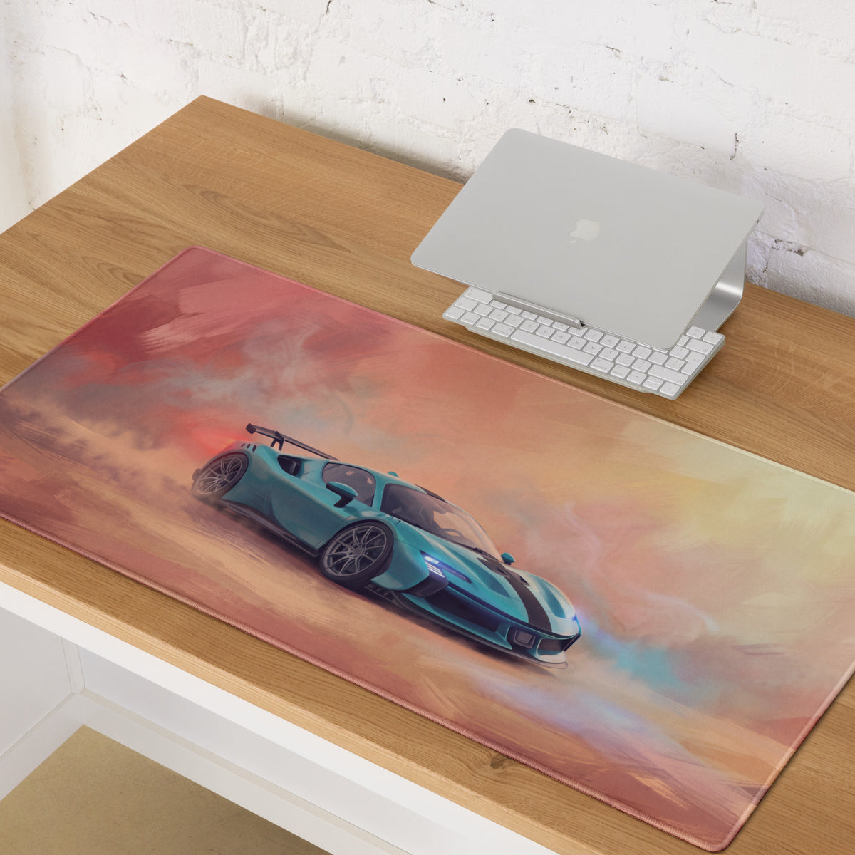 Ferrari sf90 xx inspired turquoise apex desk pad with teal and black racing car graphic and painted sky background