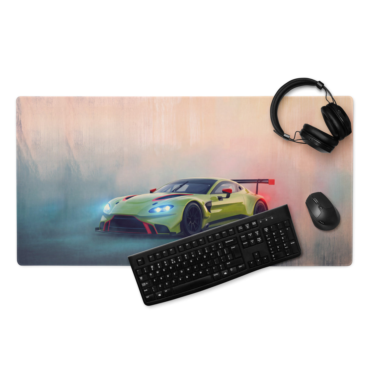 Vibrant lime green aston martin racing car graphic printed on an xl high-precision gaming desk mat mousepad