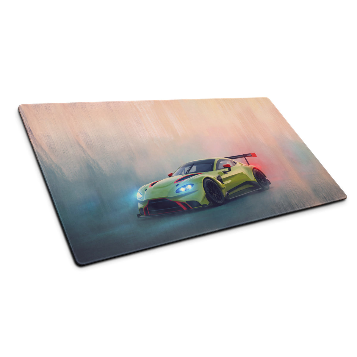 Aston Martin Vantage GT3 inspired lime edition desk mat with lime green and black racing car graphic on high precision XL mousepad
