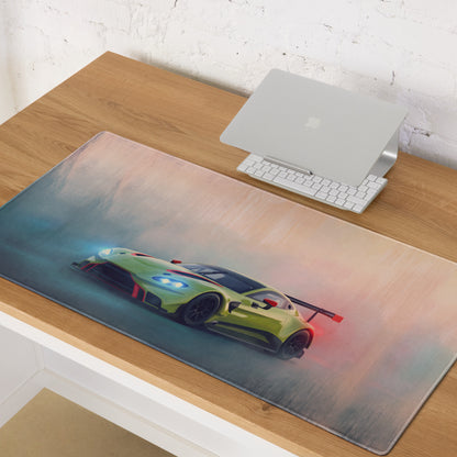 Vibrant lime green aston martin vantage gt3 inspired desk mat with sleek gradient background for xl gaming mousepad