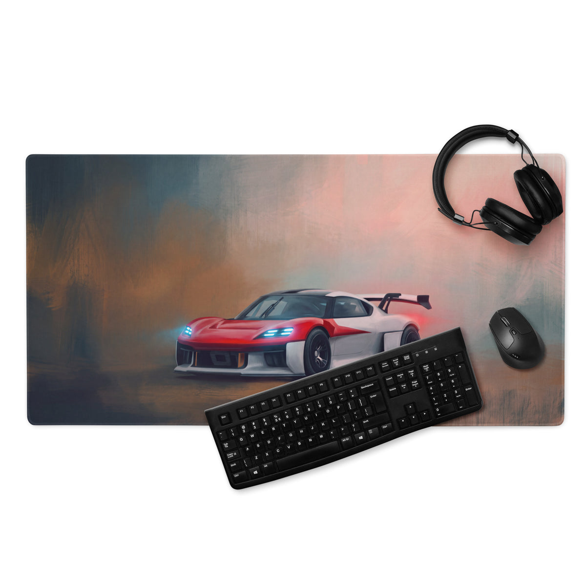Porsche mission r inspired rosso endurance extended desk pad with red and white racing car graphic non slip mouse mat