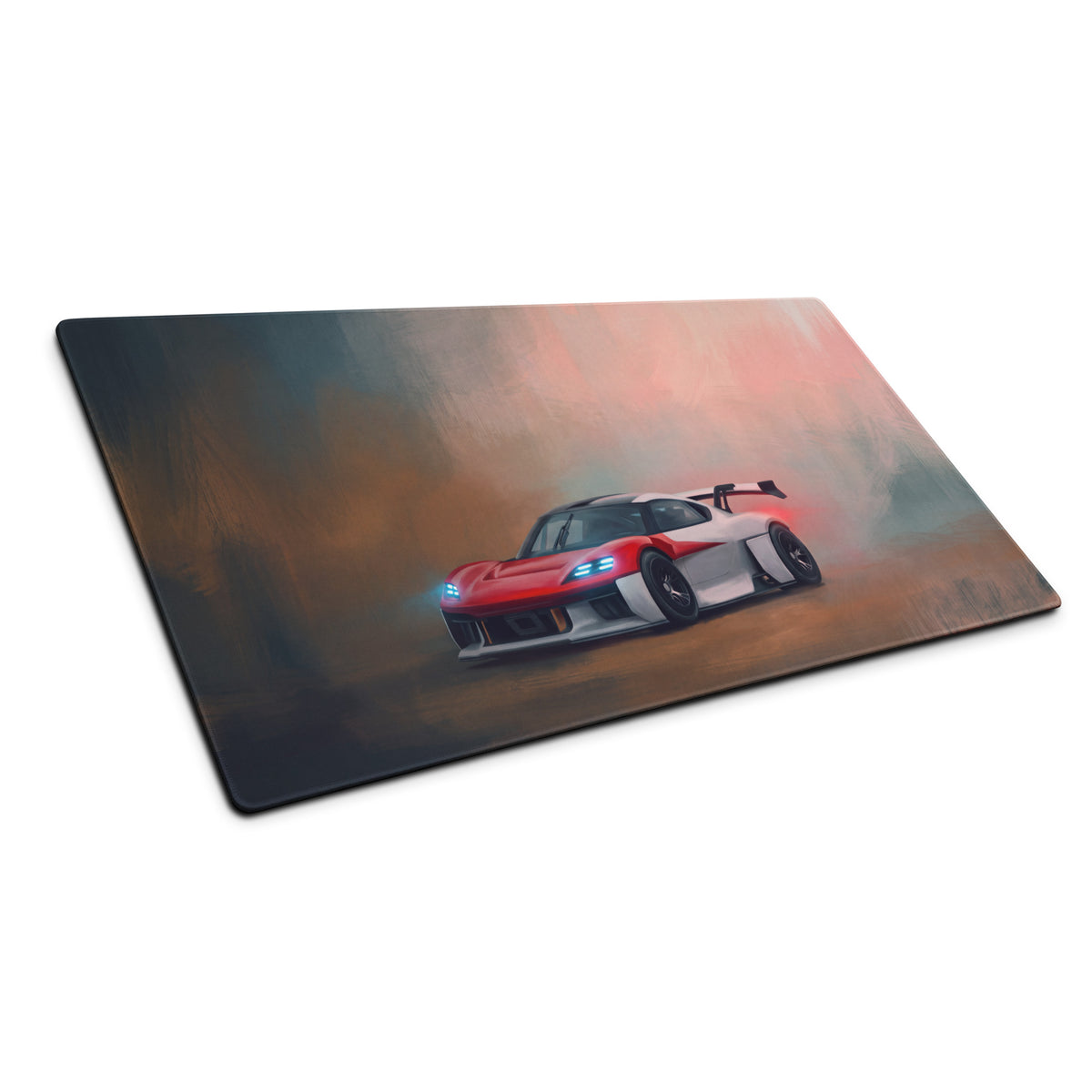Rectangular gaming mousepad with non-slip surface featuring a red white porsche mission r race car and blue headlights