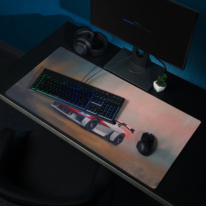 A sleek rectangular Porsche Mission R inspired Rosso endurance desk pad with a futuristic hovercraft graphic and non slip base