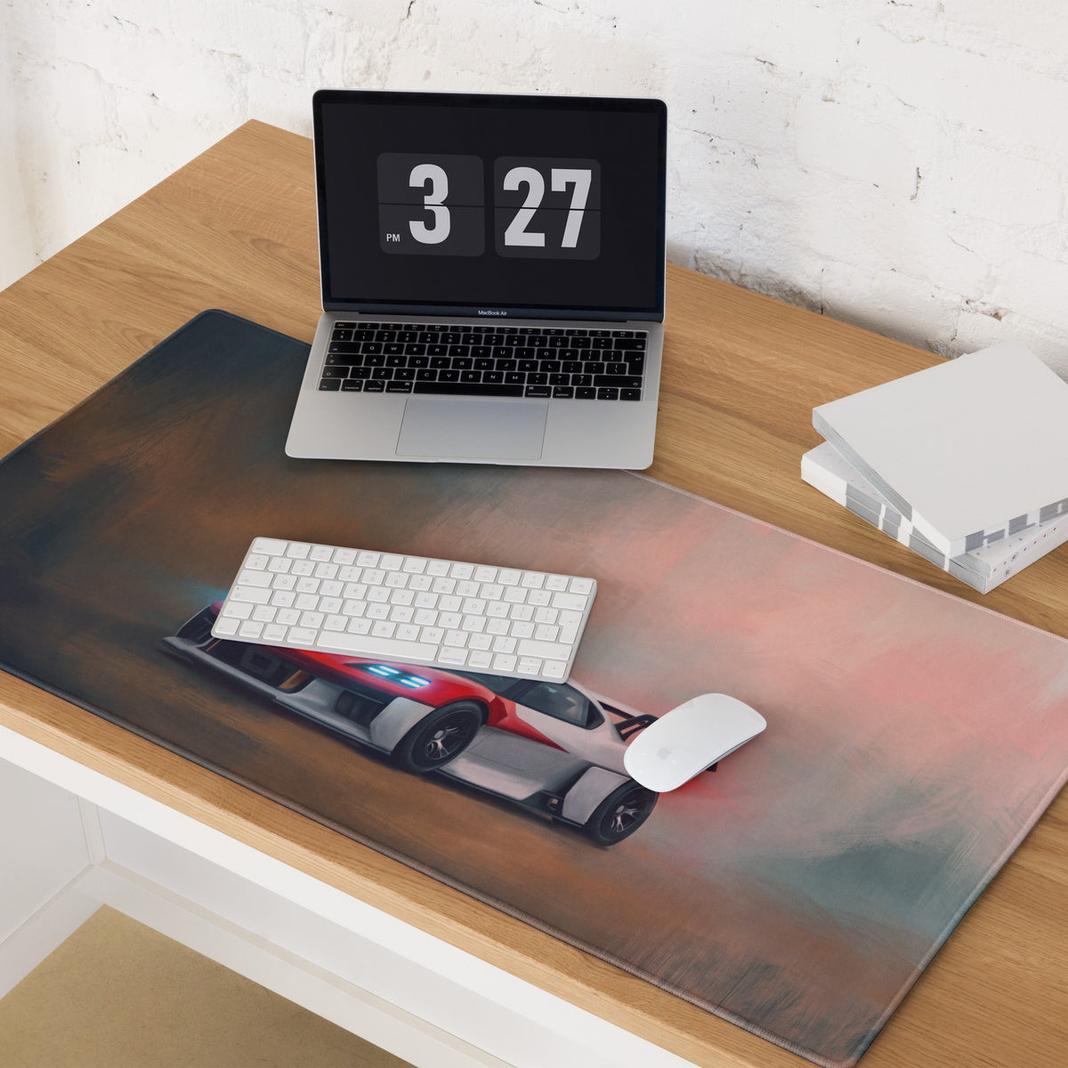 A sleek rectangular porsche mission r inspired rosso endurance desk pad featuring a red and silver race car design on a gradient background
