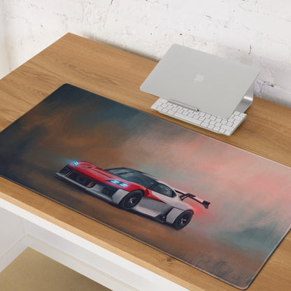 Sleek rectangular non slip pc mousepad featuring a red and white futuristic porsche mission r inspired sports car graphic