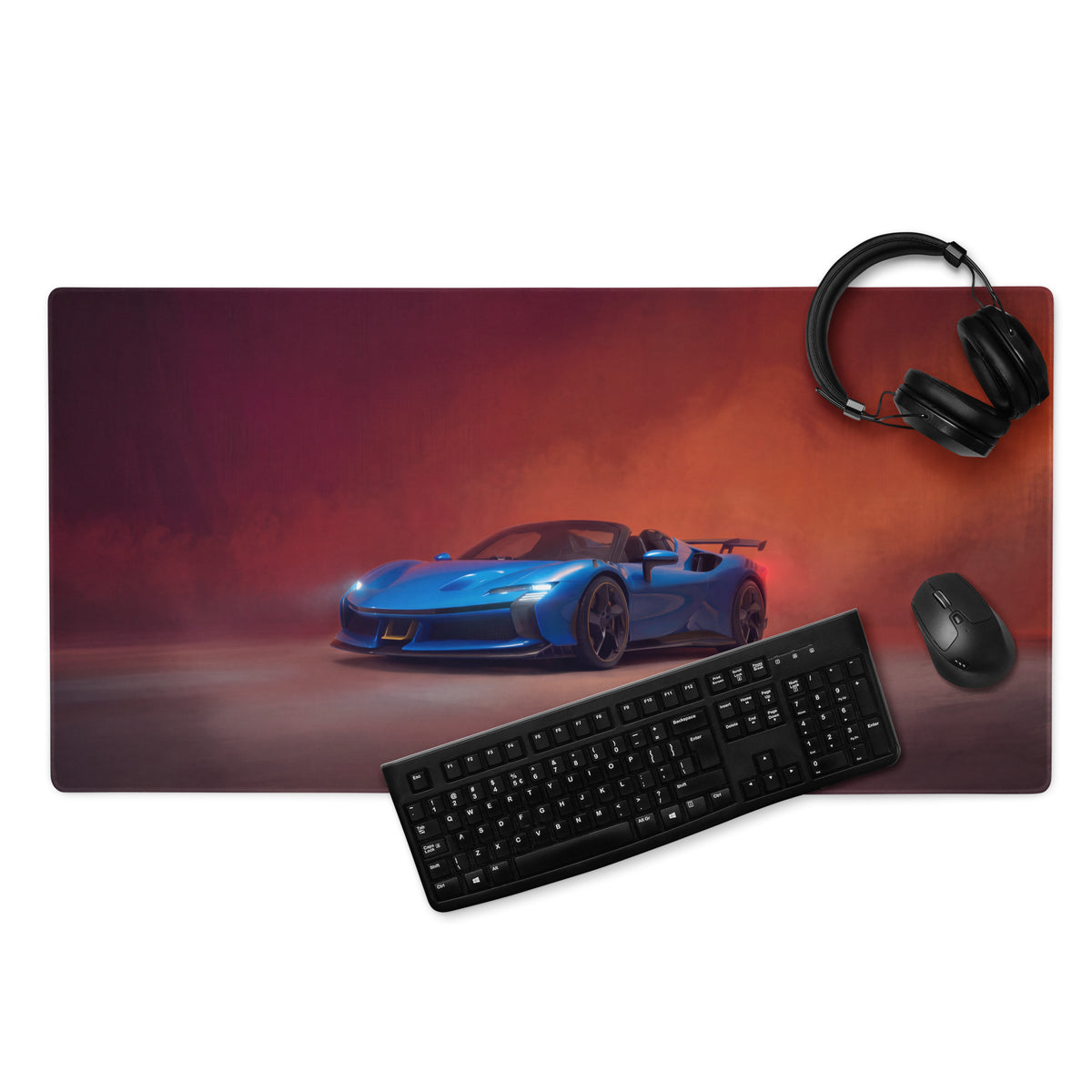 Blue Ferrari SF90 XX inspired corsa desk mat featuring a sports car graphic with high-precision gaming mousepad surface