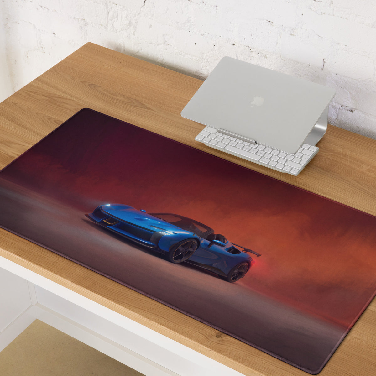 Ferrari sf90 xx inspired corsa blue desk mat featuring a blue sports car graphic on red and orange gradient background