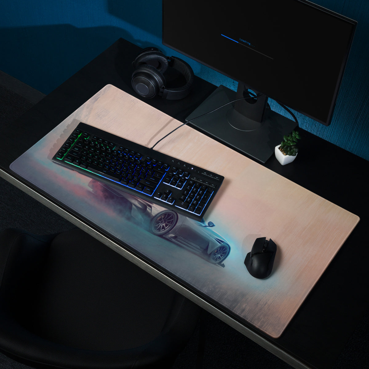 Aston Martin Vulcan inspired gunmetal apex desk pad with vibrant futuristic sports car graphic and ultra-glide stitched edge