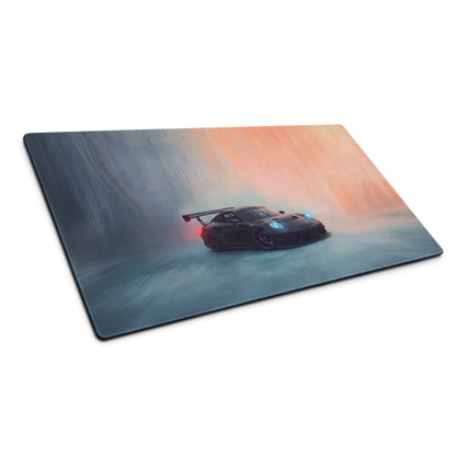 Black porsche 911 gt3 inspired stealth shadow desk mat with glowing blue headlights on low-friction cloth mousepad