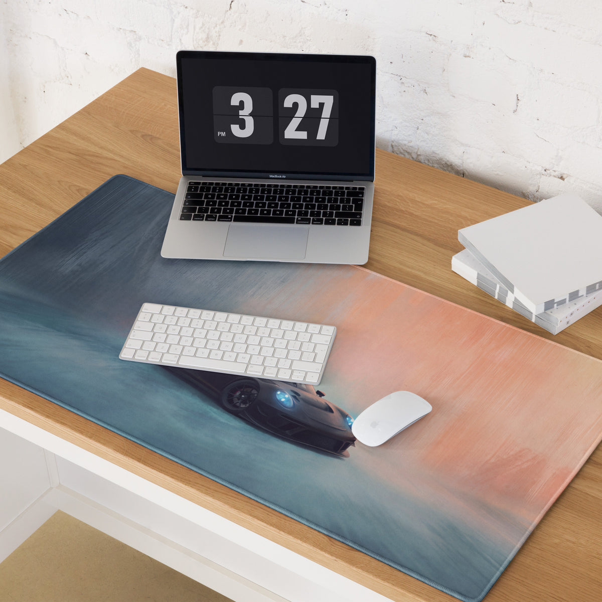 Porsche 911 gt3 inspired stealth shadow desk mat mousepad with low friction cloth and teal peach gradient background