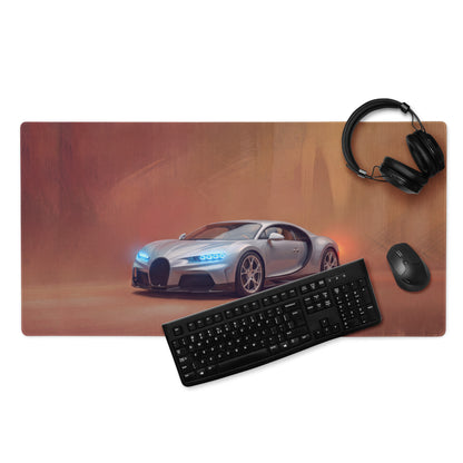 Bugatti chiron inspired silver horizon desk mat with silver bugatti chiron racing car graphic on xl gaming mousepad