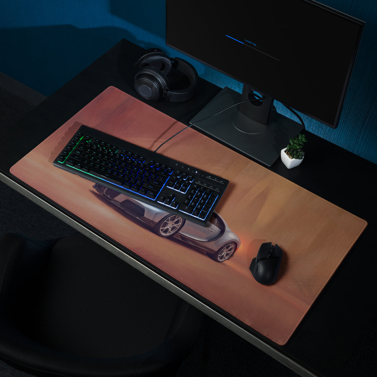 A sleek rectangular Bugatti Chiron inspired silver horizon desk mat with detailed silver sports car graphic and blue underglow lighting