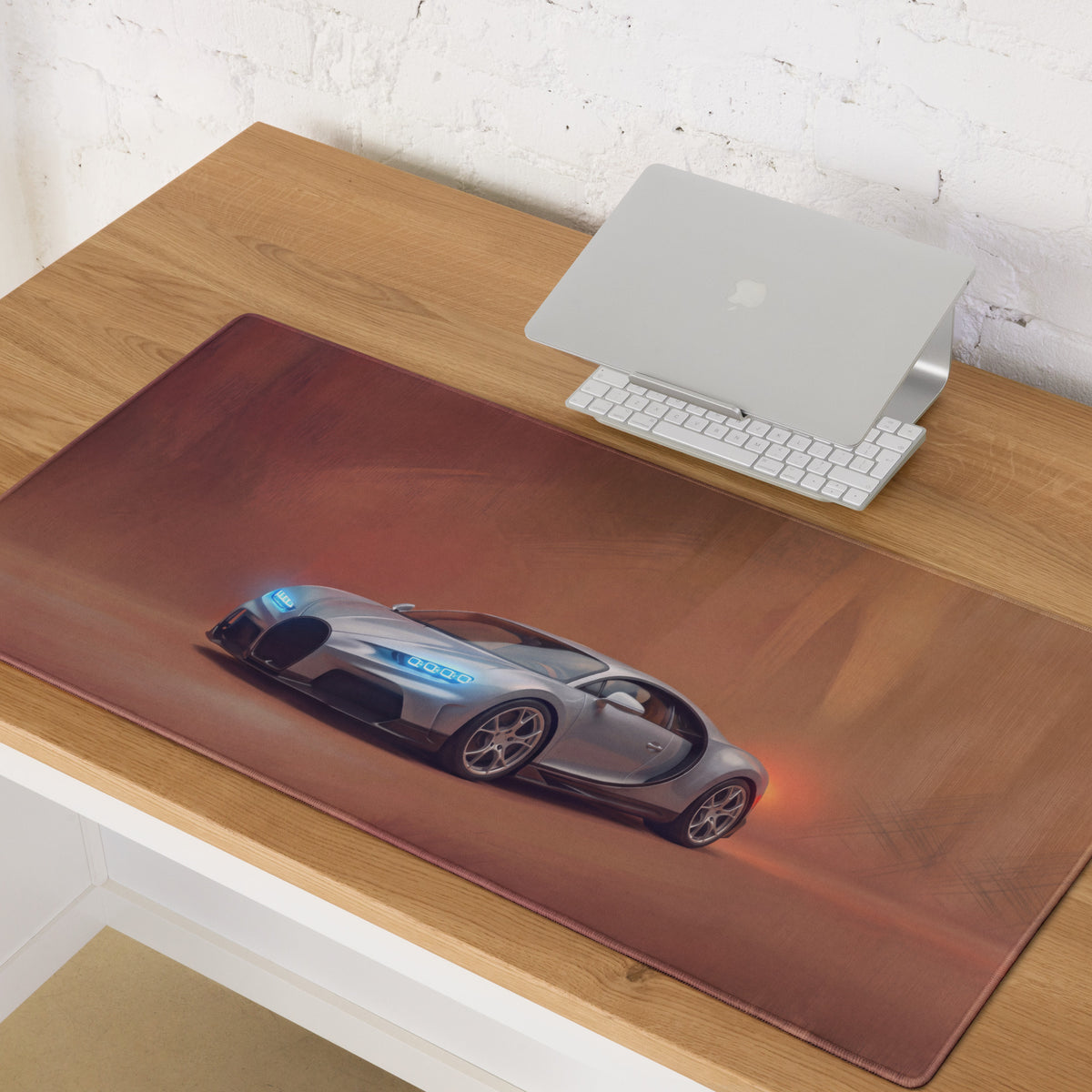 Silver bugatti chiron graphic printed on brown leather desk mat high precision xl gaming mousepad