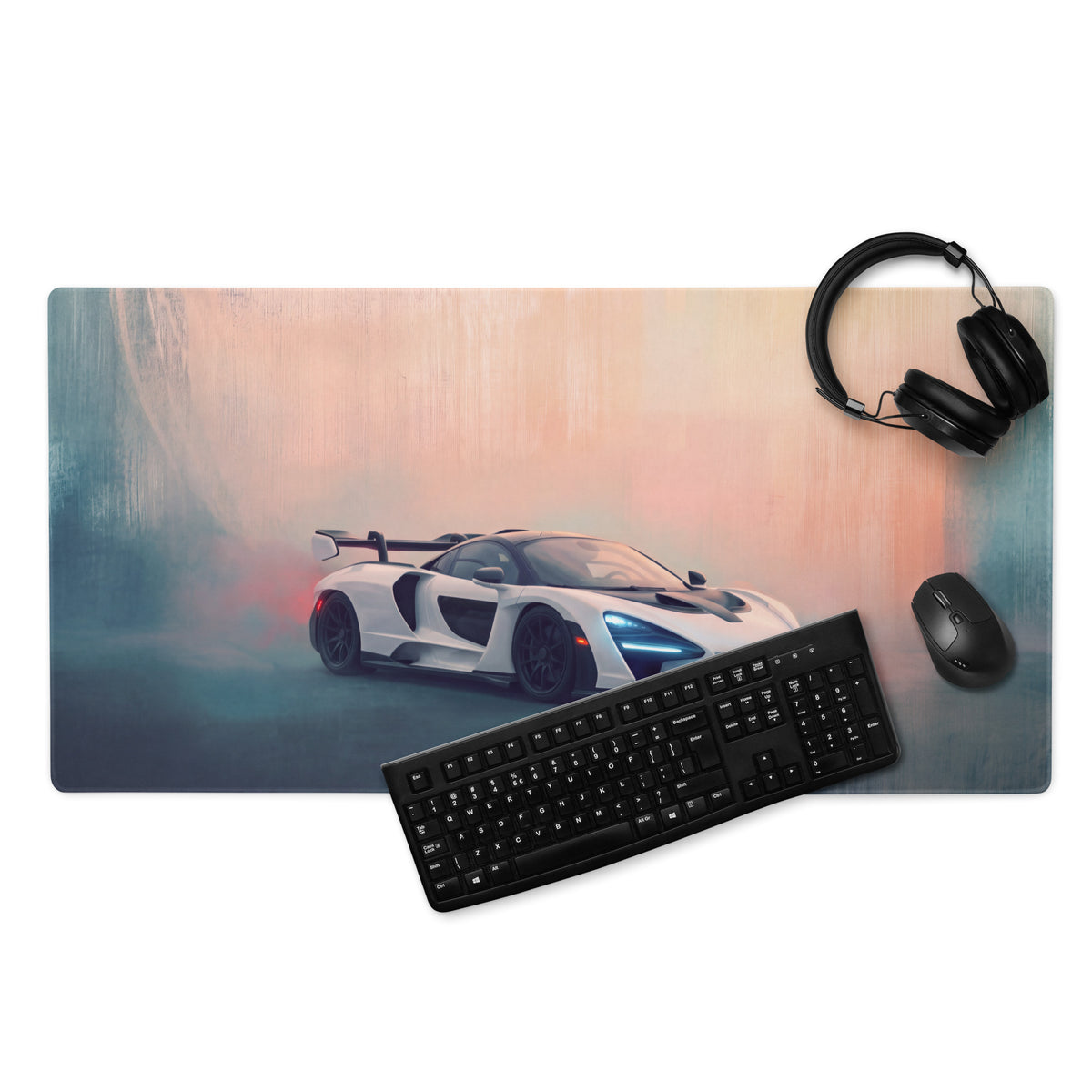 White McLaren Senna inspired rectangular pure white desk pad with ultra-glide stitched edge for gaming mouse use
