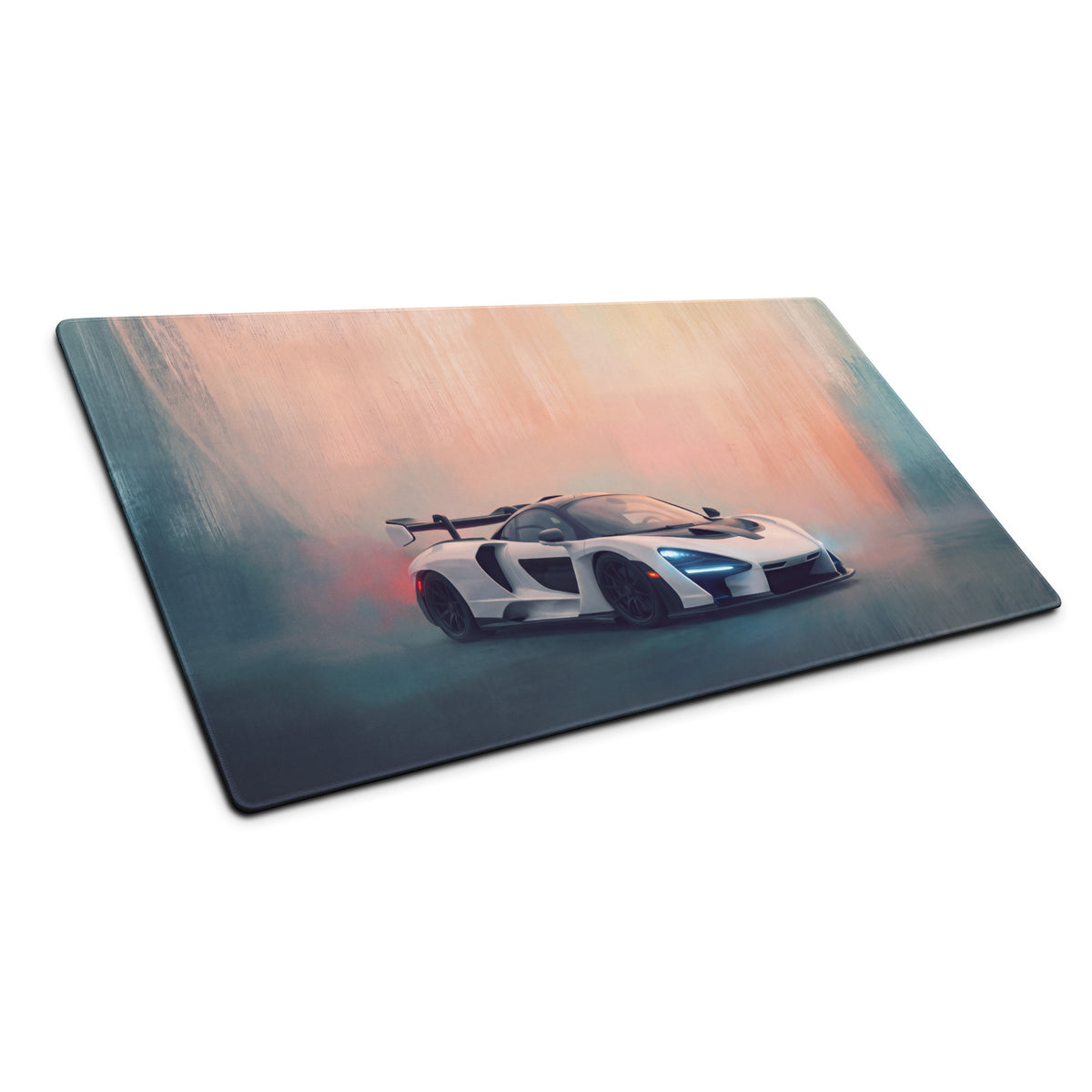 Rectangular gaming mousepad with a glossy finish featuring a white McLaren sports car on a gradient background