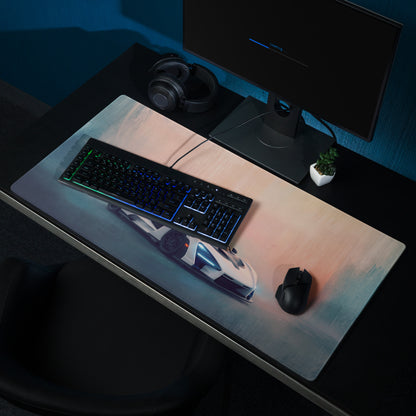 A sleek rectangular McLaren Senna inspired pure white gaming mousepad with stitched edges and a futuristic sports car graphic