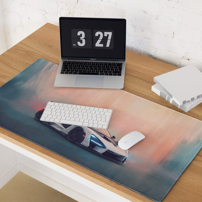 A sleek rectangular mclaren senna inspired pure white gaming mousepad with stitched edge and sports car print