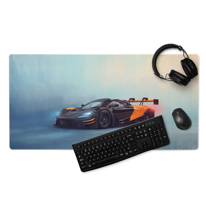 Black and orange mclaren 720s gt3 inspired stealth orange desk mat made of low-friction cloth ideal for gaming setup