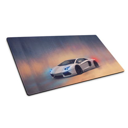 Lamborghini Aventador inspired pearl white extended non-slip desk pad featuring white Aventador sports car graphic