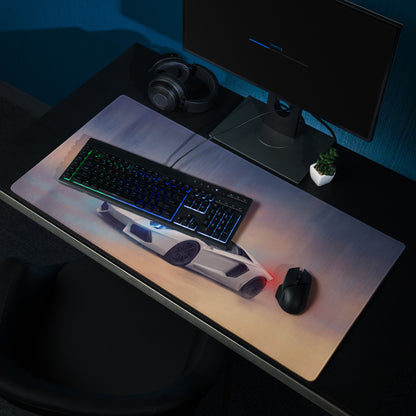 A sleek rectangular non-slip pc mousepad featuring a white Lamborghini Aventador graphic with blue and red accents