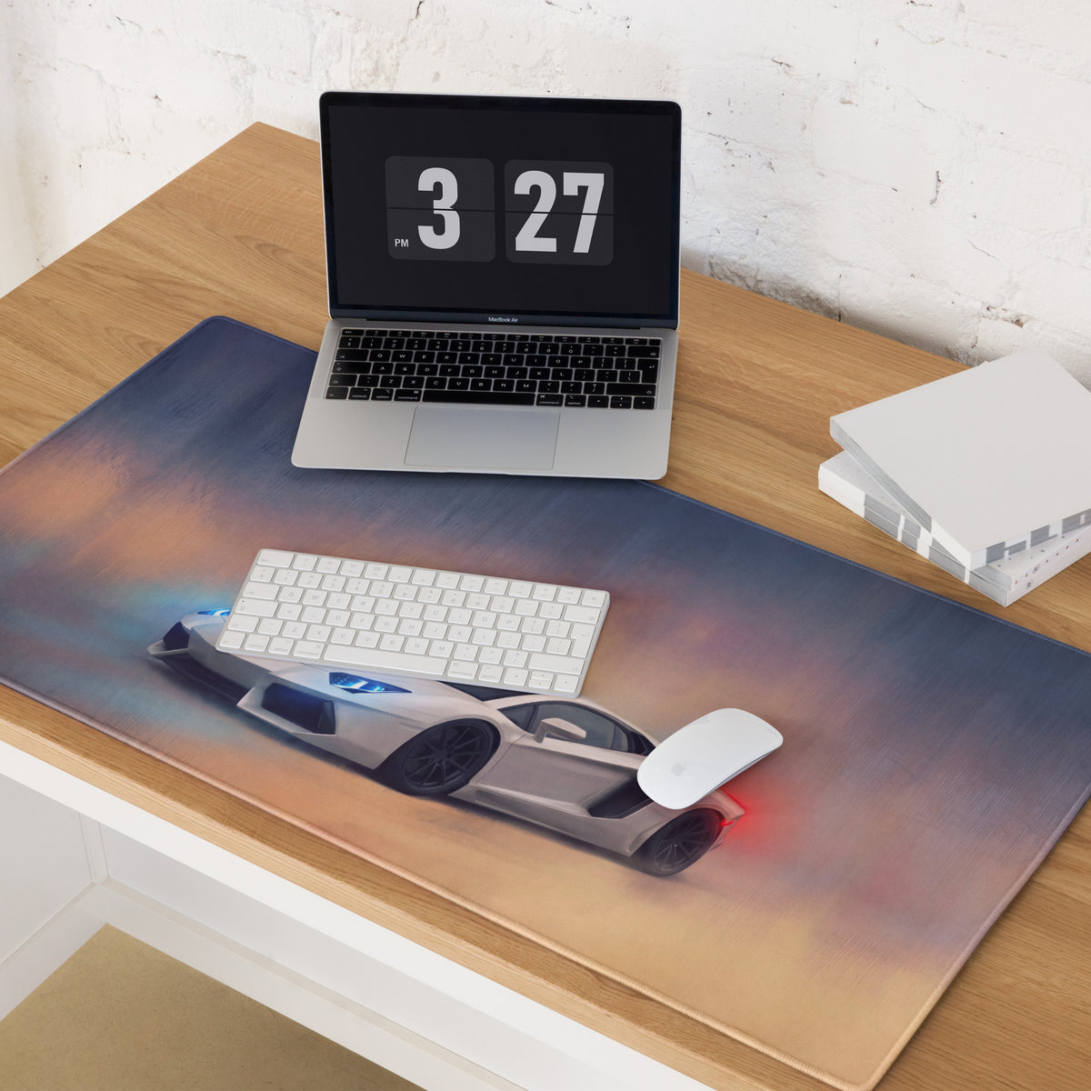 Lamborghini Aventador inspired pearl white extended non slip desk pad with a gray sports car graphic and gradient sky background