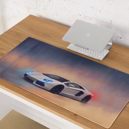 Sleek rectangular pearl white gaming mousepad with lamborghini aventador graphic and non slip extended design