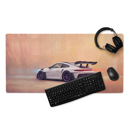White porsche 911 gt3 rs racing car graphic printed on a violet accent stitched edge desk pad mouse mat