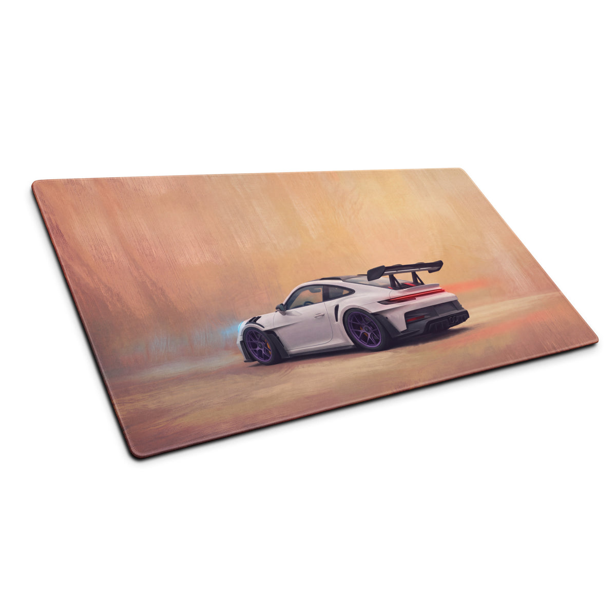 White porsche 911 gt3 rs race car illustration on violet accent stitched edge ultra-glide gaming desk pad