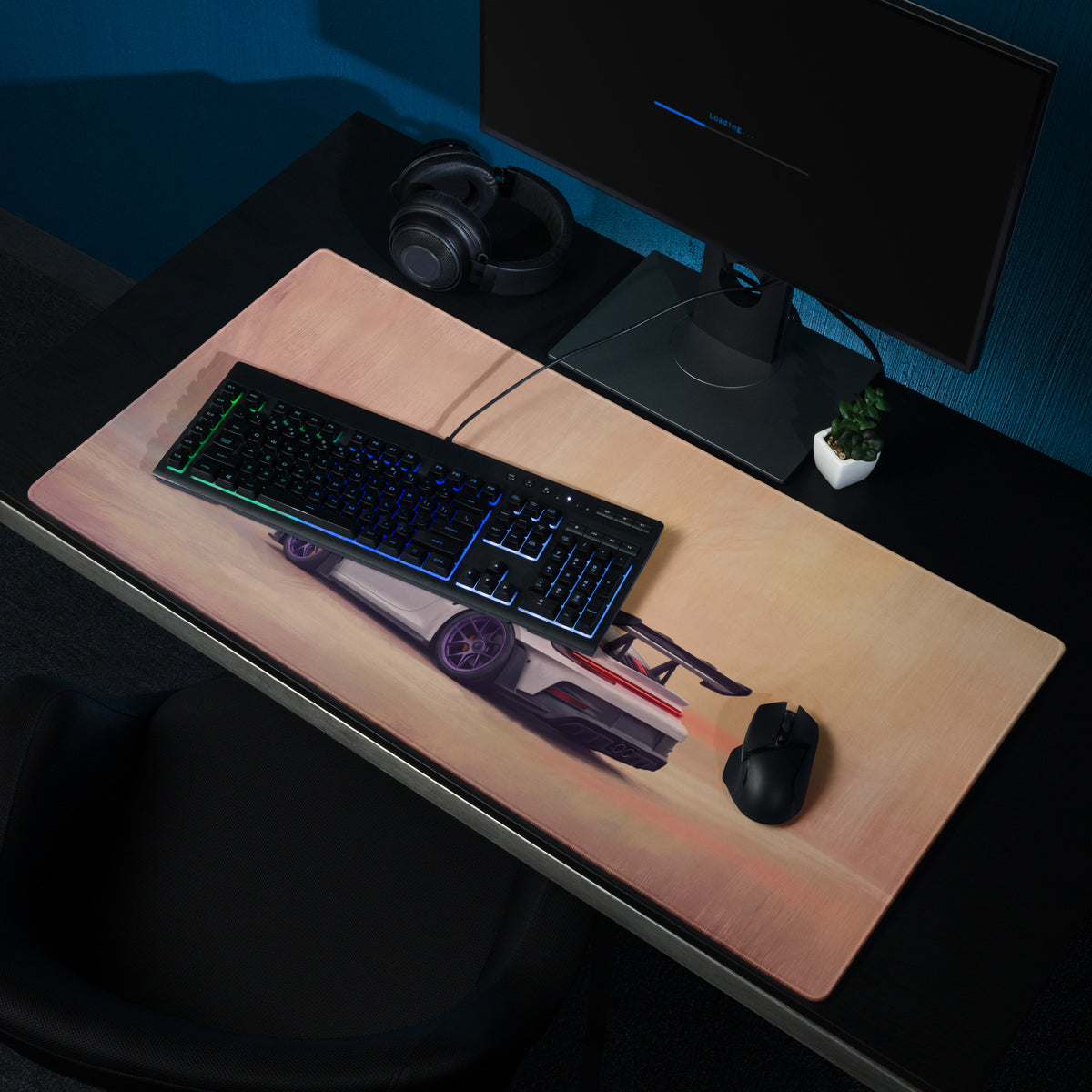 A light wood-finish gaming mousepad with stitched edges featuring a white and red porsche 911 gt3 rs graphic