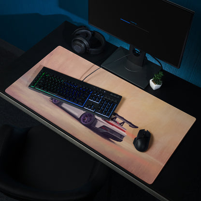 A light wood-finish gaming mousepad with stitched edges featuring a white and red porsche 911 gt3 rs graphic