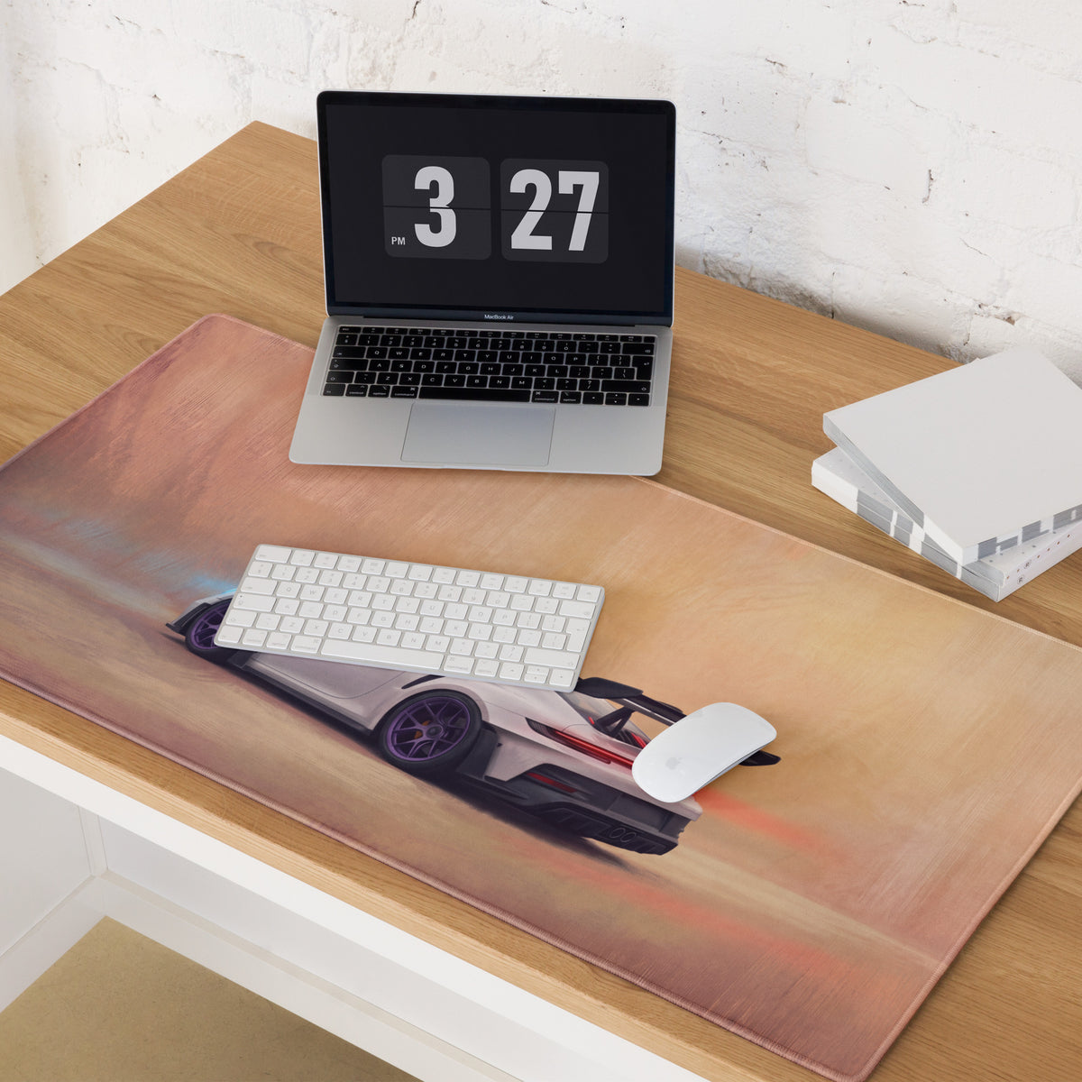 Beige porsche 911 gt3 rs inspired violet accent desk pad with stitched edge featuring white sports car graphic