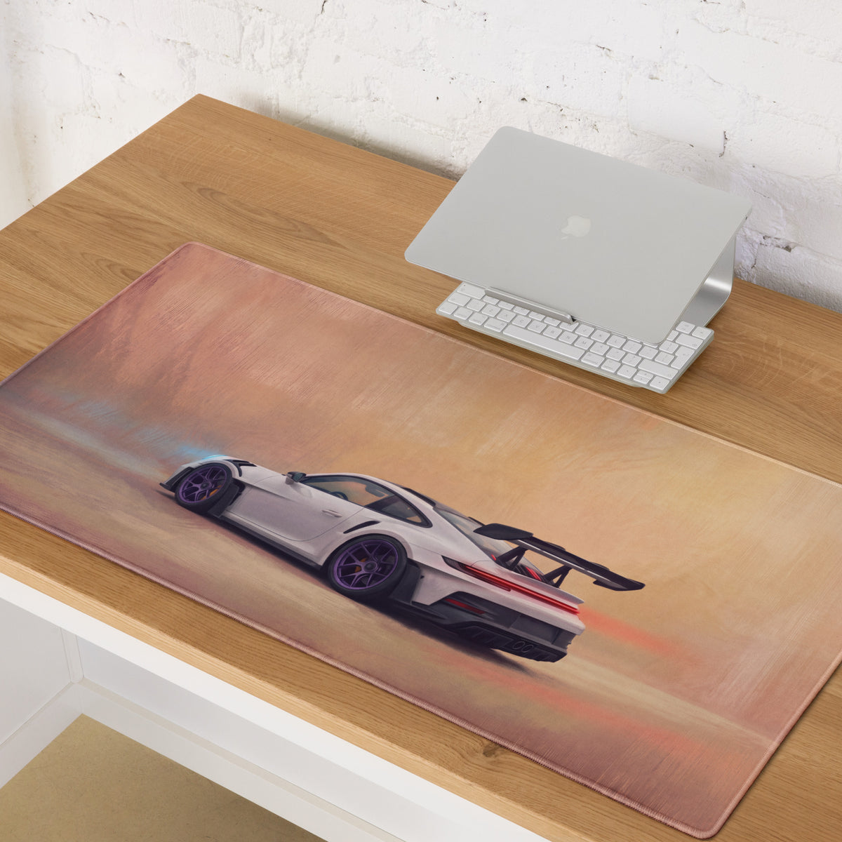 Porsche 911 gt3 rs inspired white sports car desk pad with black rims and stitched edge for gaming mouse use