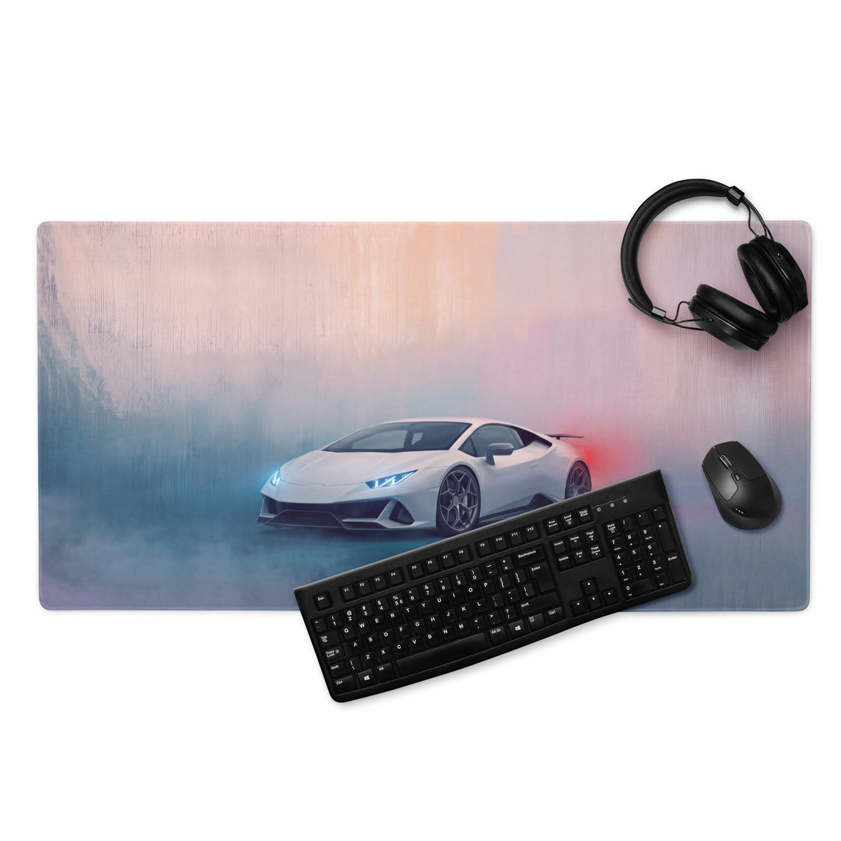 Lamborghini Huracán inspired pearl white desk pad with white Lamborghini sports car graphic on pink and blue gaming mousepad