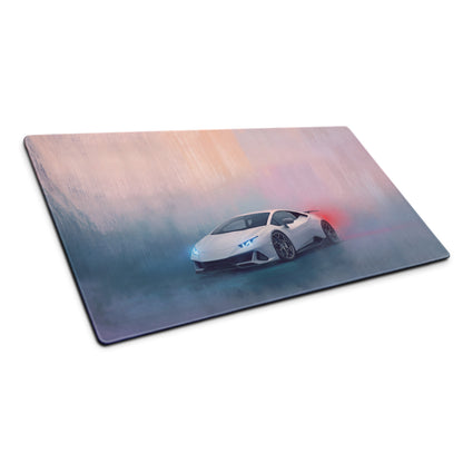 Lamborghini huracán inspired pearl white extended non slip mousepad with white car graphic on misty gradient background