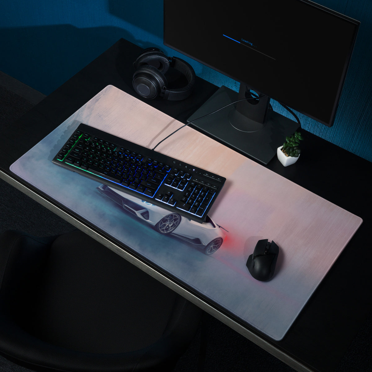Lamborghini huracán inspired pearl white extended non slip gaming mousepad with white sports car graphic and red blue accents
