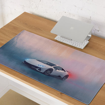 Lamborghini huracán inspired pearl white extended non-slip gaming mousepad with vibrant drifting car graphic