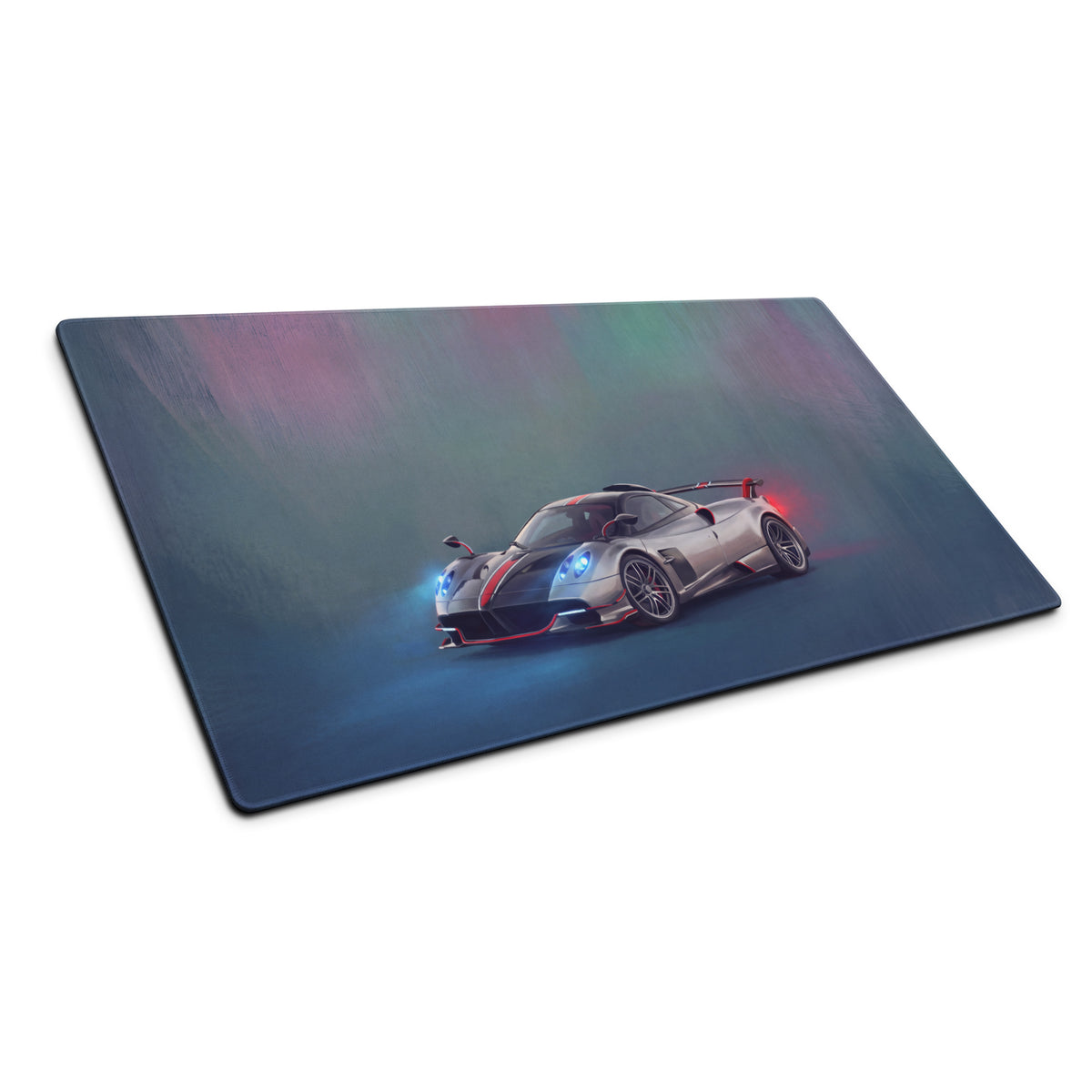 Rectangular silver gaming mousepad with detailed pagani huayra bc car illustration and glowing blue headlights