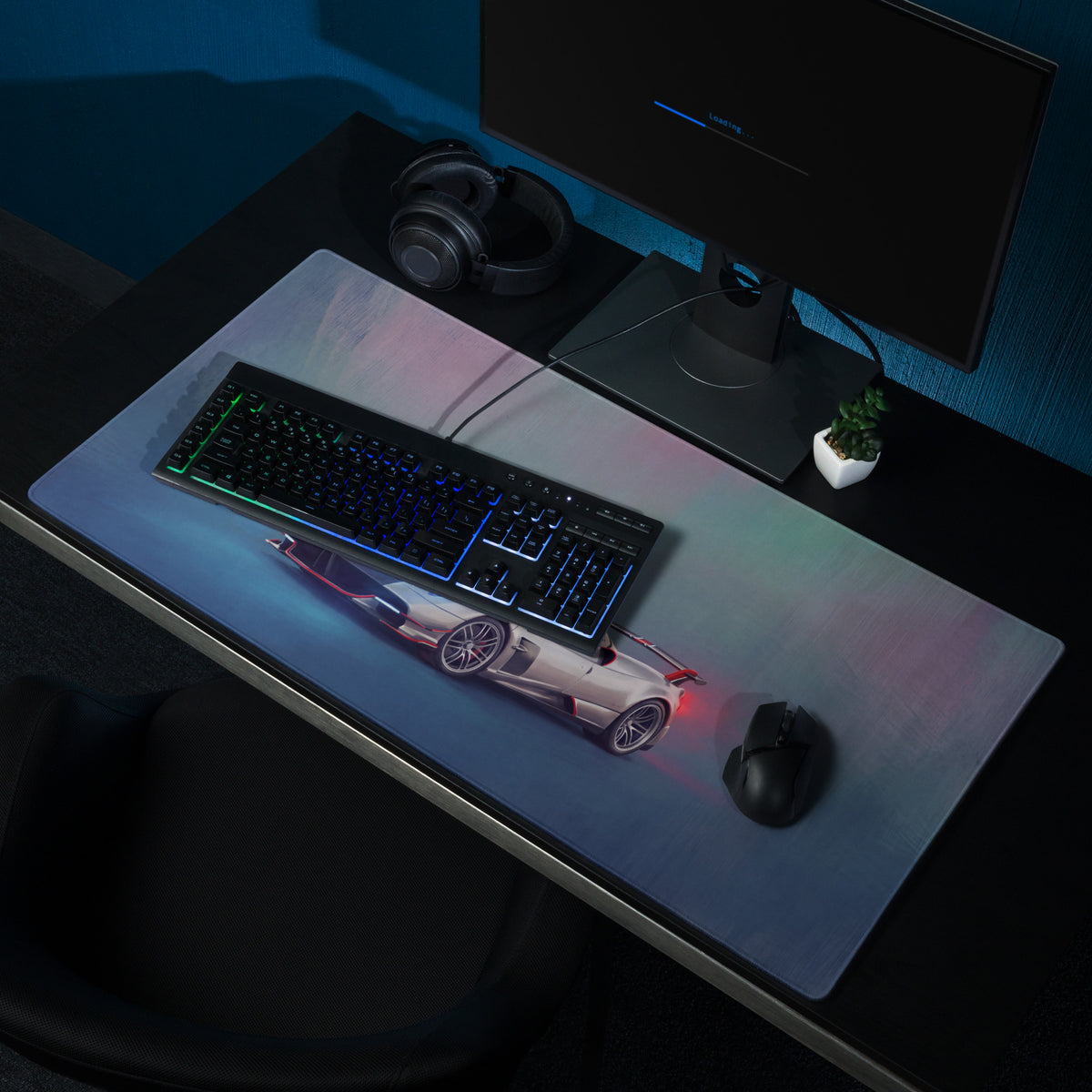 Pagani huayra inspired silver apex xl gaming mousepad with vibrant white sports car graphic and rgb lighting effects