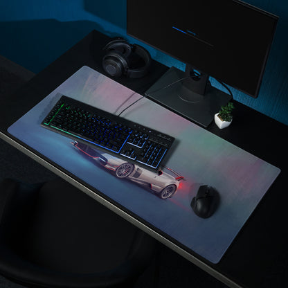 Pagani huayra inspired silver apex xl gaming mousepad with vibrant white sports car graphic and rgb lighting effects