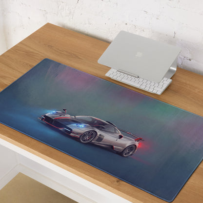 Pagani huayra inspired silver apex desk mat with glowing blue and red accents on high precision xl gaming mousepad