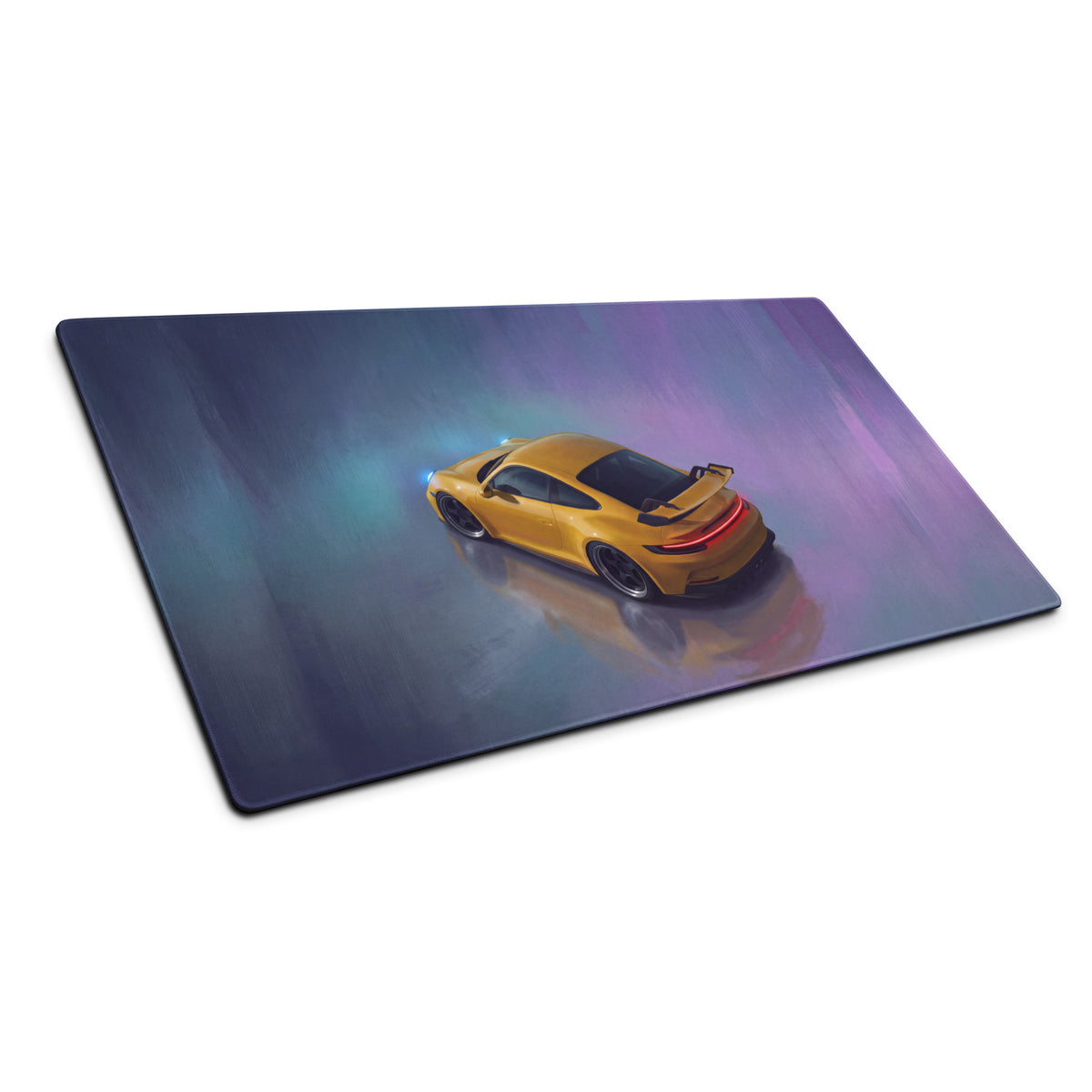A sleek rectangular yellow Porsche 911 GT3 inspired desk pad with stitched edges for ultra-glide gaming use