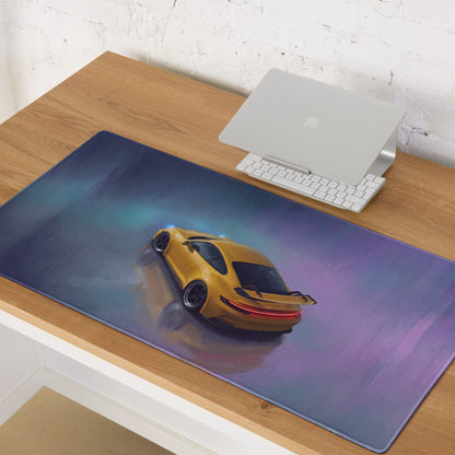 A rectangular ultra-glide stitched edge gaming mousepad with a yellow Porsche 911 GT3 inspired sports car design