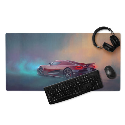 Red koenigsegg agera rs sports car graphic printed on a crimson low-friction cloth desk mat mousepad