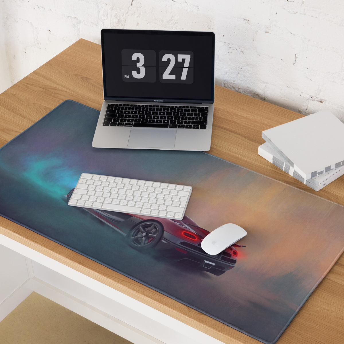 A sleek rectangular koenigsegg agera inspired crimson drift desk mat with a vibrant red sports car cosmic design on cloth