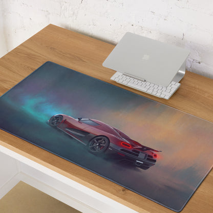 Koenigsegg agera inspired crimson drift desk mat with red sports car graphic on dark gradient low-friction cloth mousepad