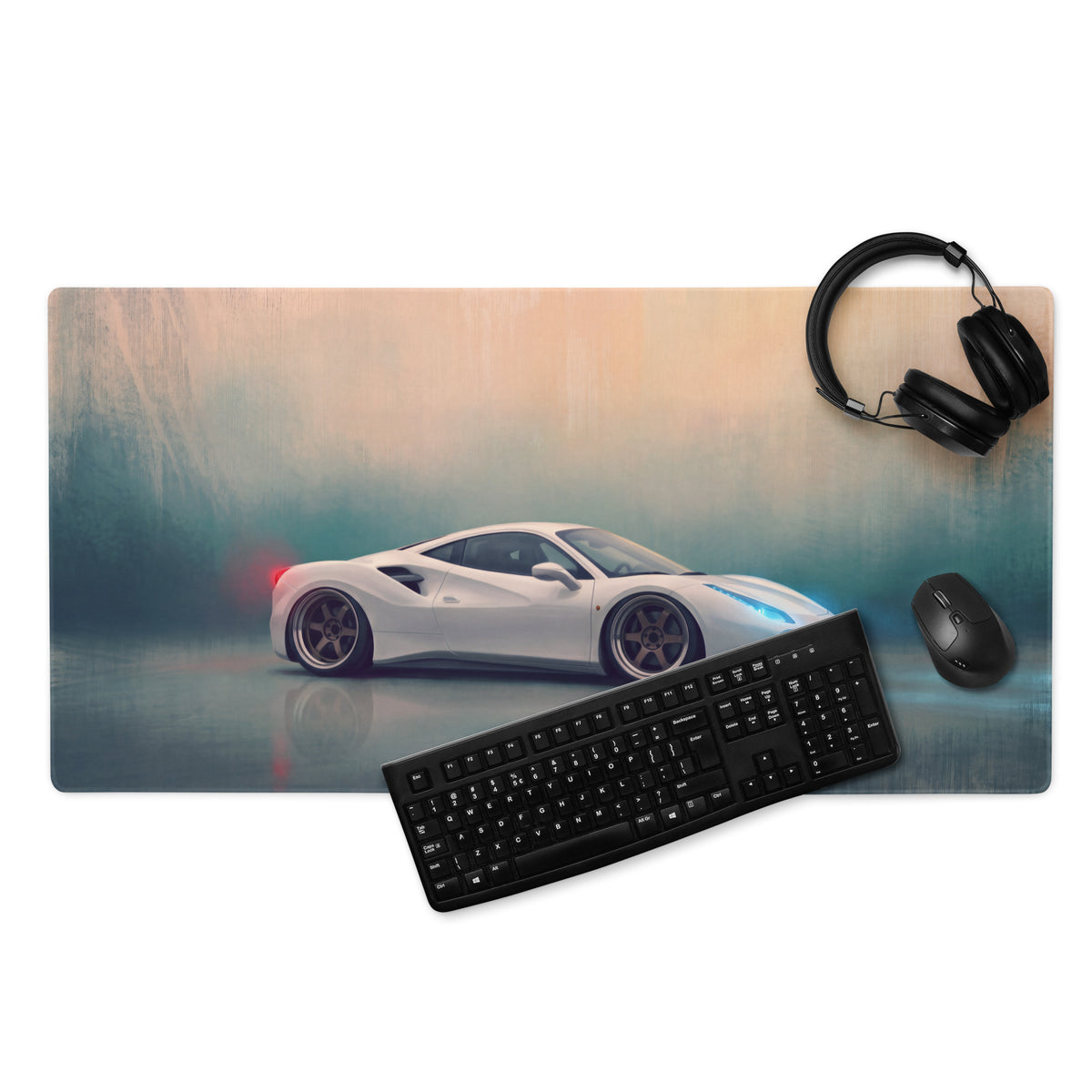 Ferrari 488 inspired pearl white extended non-slip desk pad with white Ferrari sports car graphic for gaming and PC use