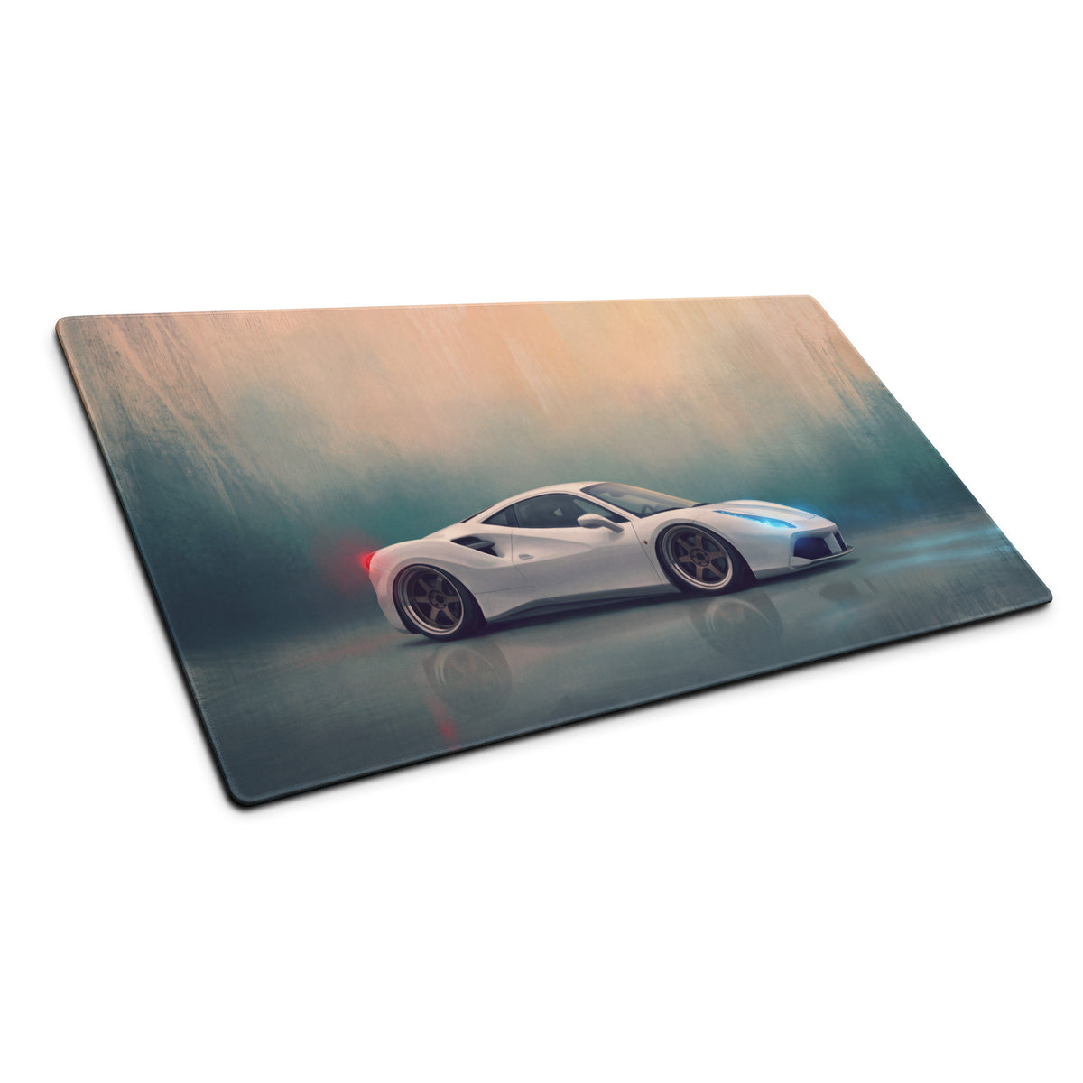 Ferrari 488 inspired pearl white rectangular mousepad with white Ferrari sports car graphic and glossy finish