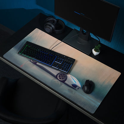 A sleek rectangular Ferrari 488 inspired pearl white gaming mousepad with a white and blue sports car graphic and non-slip base