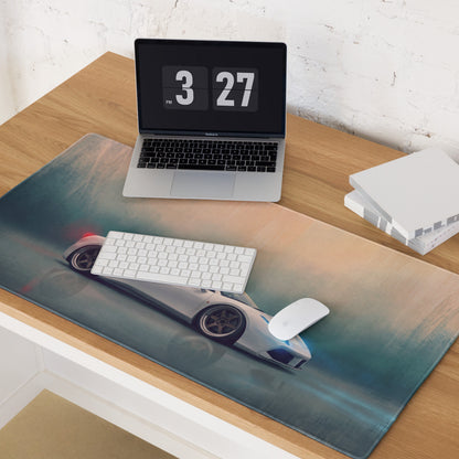 Ferrari 488 inspired pearl white extended non-slip gaming mousepad with a white sports car print on teal and gray background