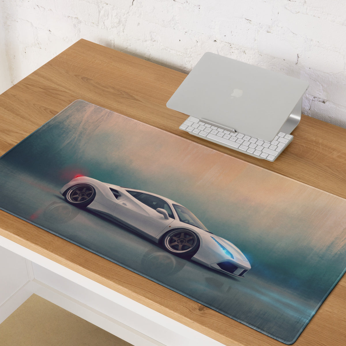 Ferrari 488 inspired pearl white desk pad with white ferrari sports car graphic on soft rectangular mousepad with blue teal gradient